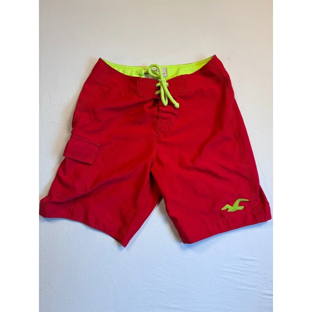 Hollister Men's Red Swim Board Shorts S Neon Green Logo Cargo Pocket Beach